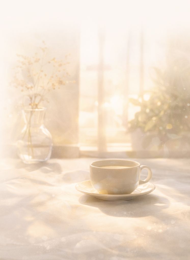 A cup of tea on a sunlit table beside a vase of flowers