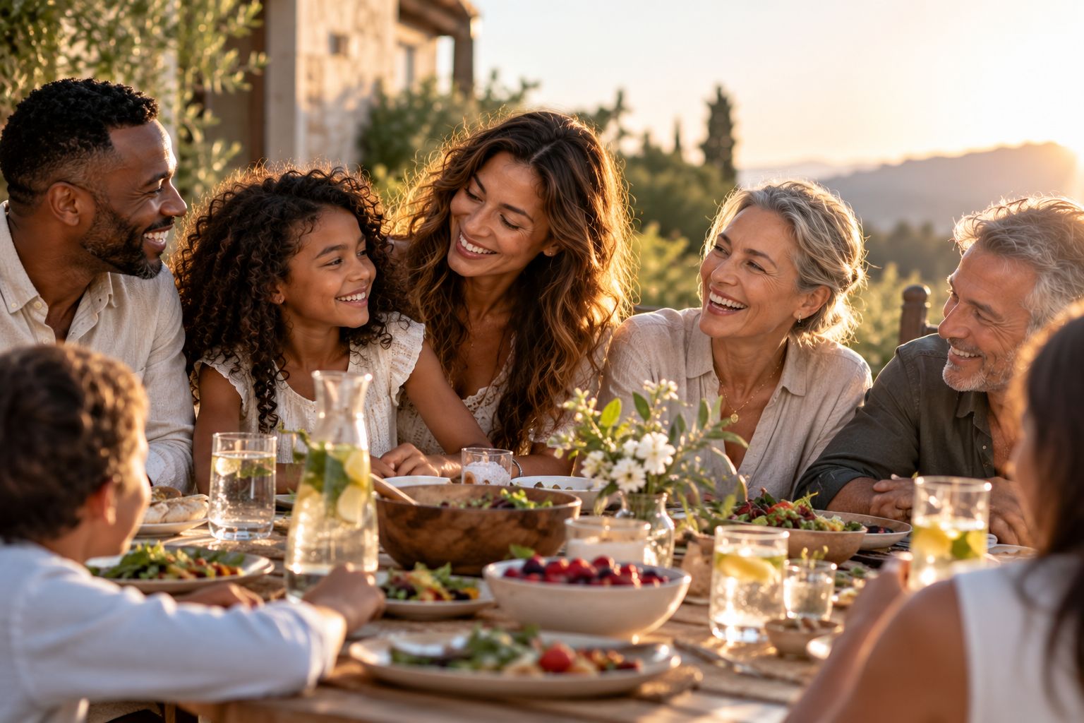 A family sharing an outdoor meal at sunset